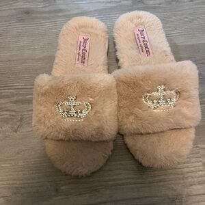 Juicy Couture Blush Pink Fuzzy Slide Slippers with Rhinestone Crown